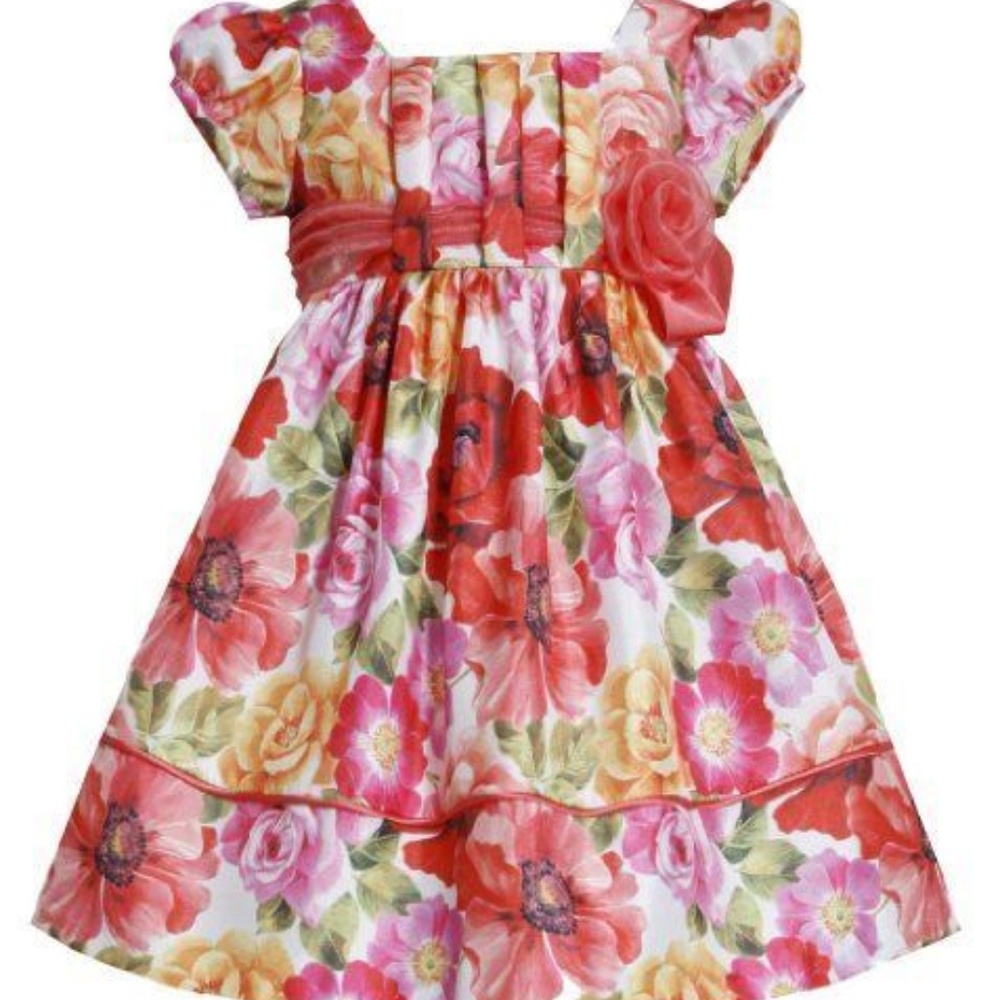 Bonnie Jean Girls 2T 4T Coral Pink Floral Dress Puff Sleeve A-line Spring NWT
